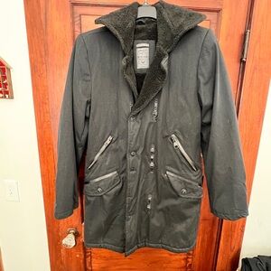 Men's Black Military Field Coat with Plush Collar